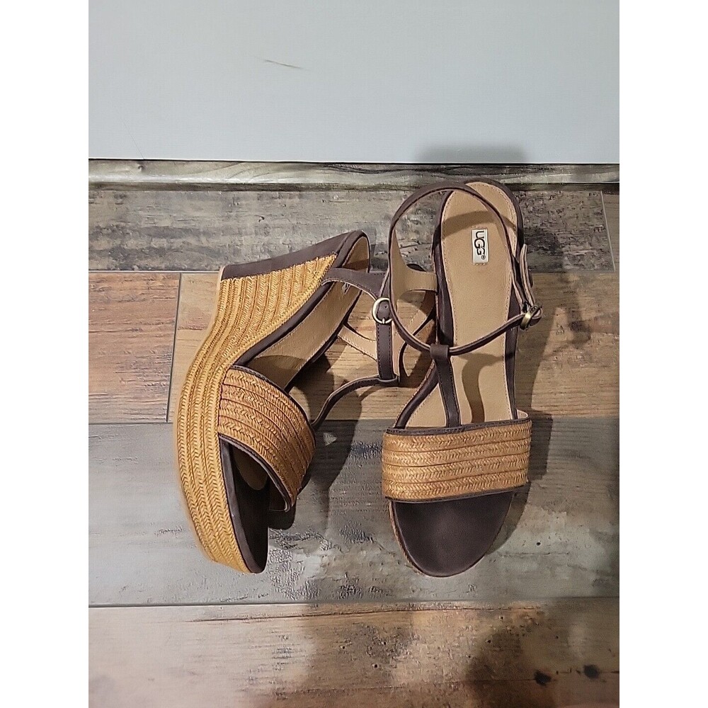 Ugg Fitchie Brown Leather Platform Wedge Sandals Espadrille Shoes Size 10